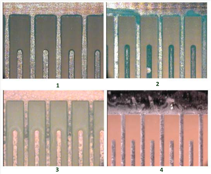 Рис. 5. Вид под микроскопом остатков флюса D после оплавления на плате IPC-B24 при 4-х условиях рис. 4.